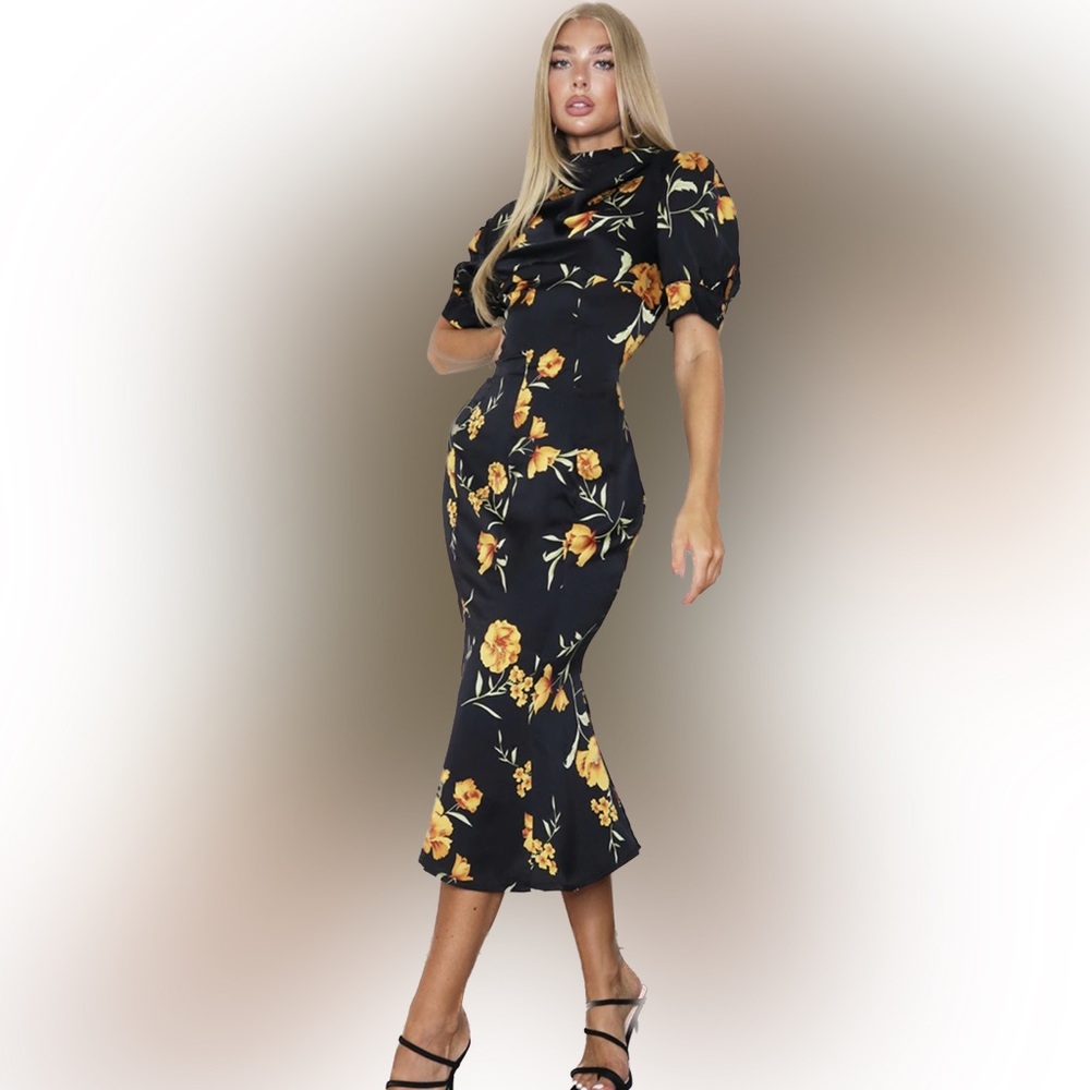 Black floral satin short sleeve satin midi dress.